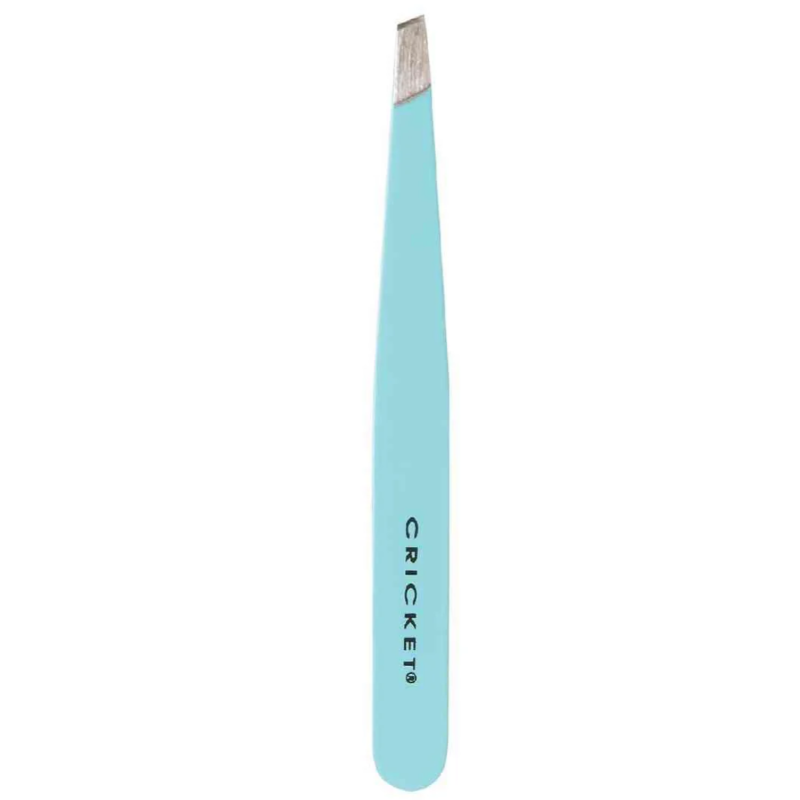 Blue tweezers with silver tip on a white background, branded 'Cricket'.
