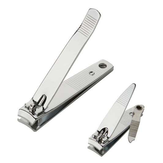 Two silver nail clippers on a white background