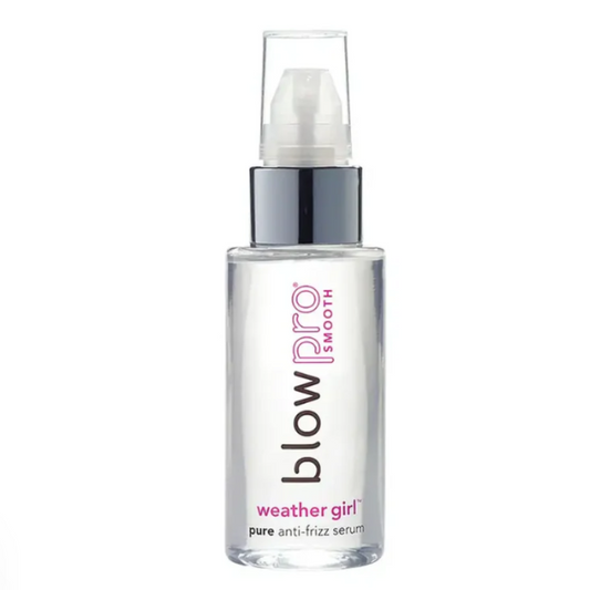 Bottle of 'weather girl' pure anti-frizz serum with 'blow pro smooth' branding on a white background